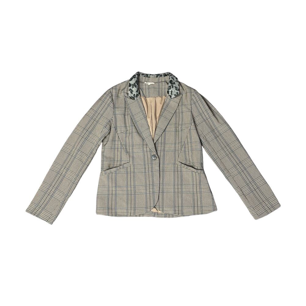 Mystree Glen Check Plaid Cheetah Print Collar Blazer Jacket SZ LG Business Chic